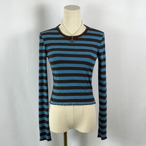 Brown Blue Stripe Long Sleeve Lettuce Hem Crop Top Women's